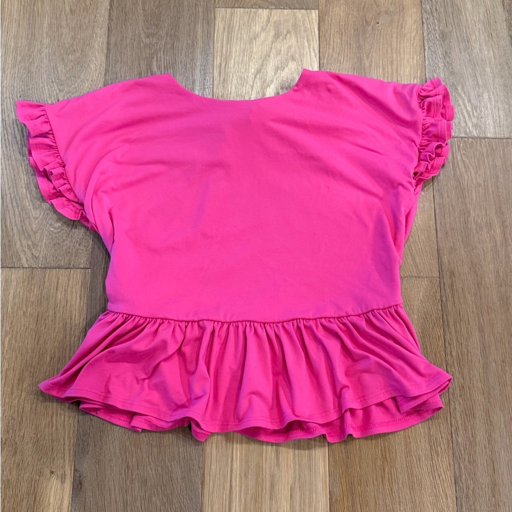 Susana Monaco Pink Peplum Top Small | Ruffle Sleeve Tie Back Stretch Blouse